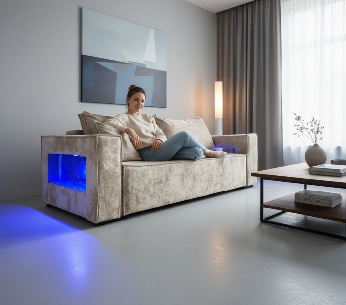 Диван-кровать Лофт Люкс Плюш с подсветкой, еврокнижка, 140х195, бежевый