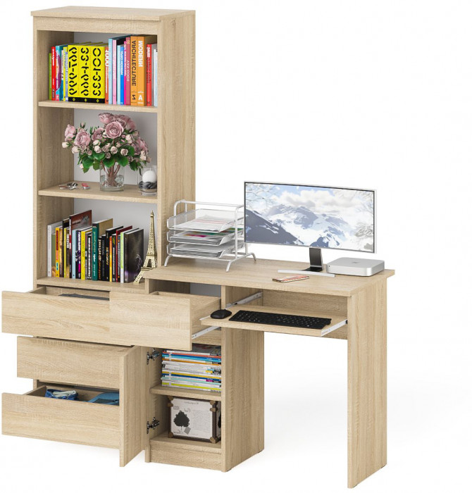 Мори компьютерный стол МС-1 левый + Стеллаж МСТ600.3, дуб сонома