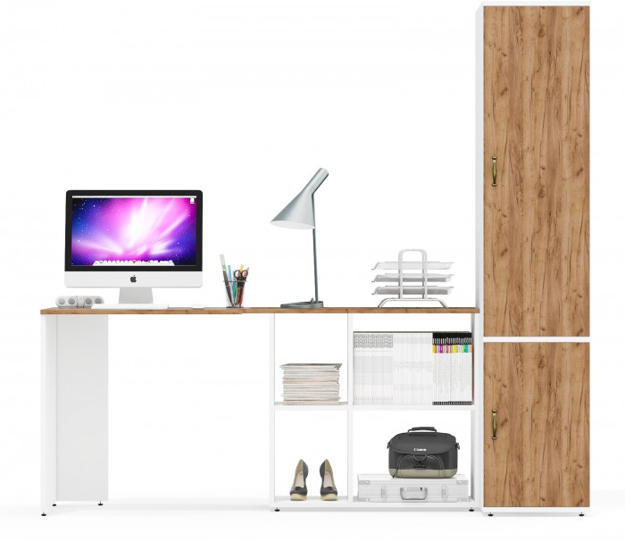 Лидер-8 Стол + Пенал МД 23Б, цвет белый шагрень/крафт золото, ШхГхВ 205х50/37,5х75/190 или 115х50/120х75/190 см., НЕ универсальная сборка