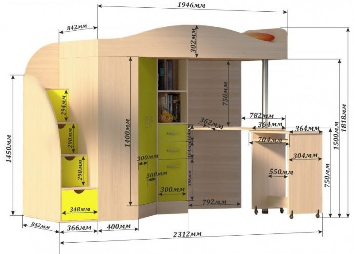 Кровать-чердак Юниор 4 (Белое дерево/Дуб молочный)