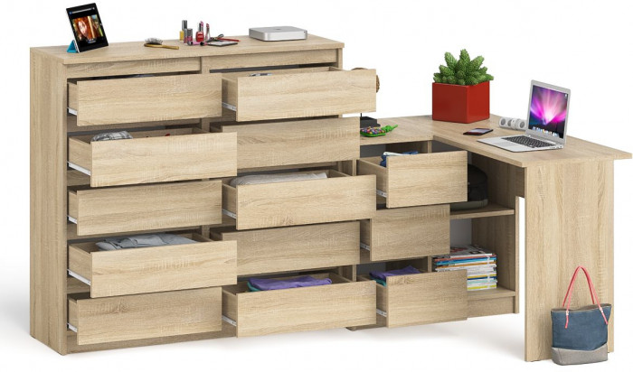 Мори компьютерный стол МС-16 левый + Комод МК1200.10, дуб сонома