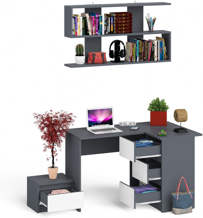 Мори компьютерный стол МС-16 правый + Тумба ТМП400.1 + Полка 1200, графит/белый
