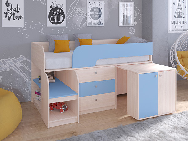 Кровать чердак Астра 9 V7 Дуб молочный/Голубой