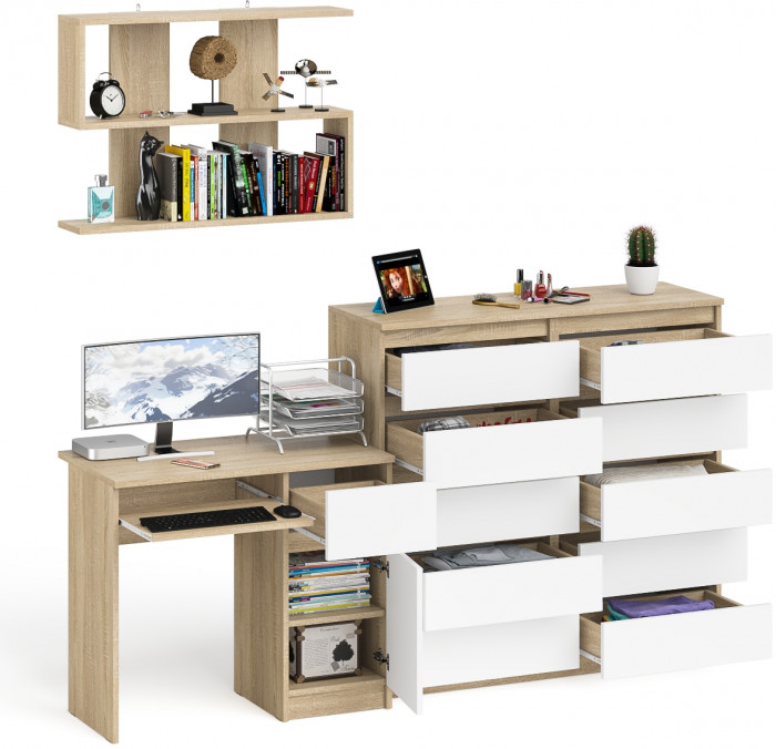 Мори компьютерный стол МС-1 правый + Комод МК1200.10 + Полка 900, дуб сонома/белый