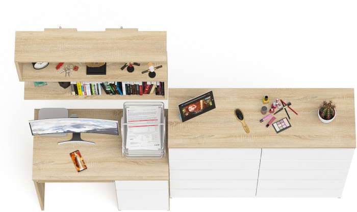 Мори компьютерный стол МС-1 правый + Комод МК1200.10 + Полка 900, дуб сонома/белый