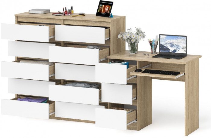 Мори компьютерный стол МС-6 левый + Комод МК1200.10, дуб сонома/белый