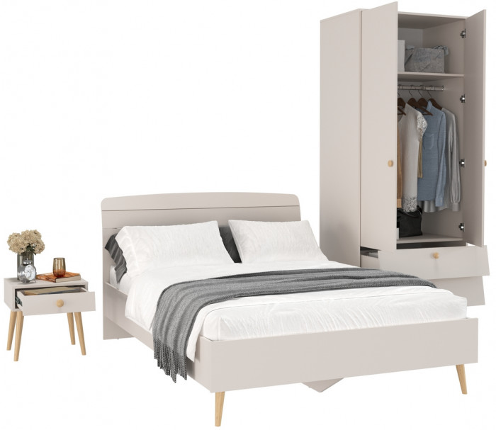 Афина Спальня Кровать 1400 + Шкаф 2-х дверный + Тумба, цвет кашемир серый, 144,6х210,2х95,7 + 90,3х56,3х220 + 45х37х45 см., 1400х2000, б/м, осн. есть