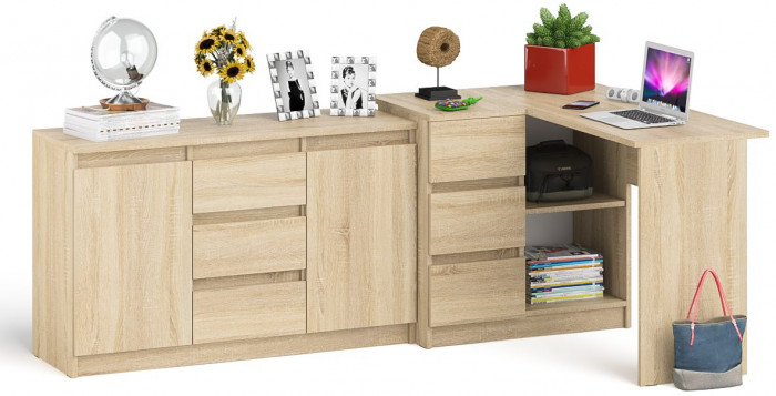 Мори Стол компьютерный МС-16 левый + Комод МК1200.3, цвет дуб сонома, ШхГхВ 244,8х84,9х76,6 см., выдвижные ящики слева, НЕ универсальная сборка