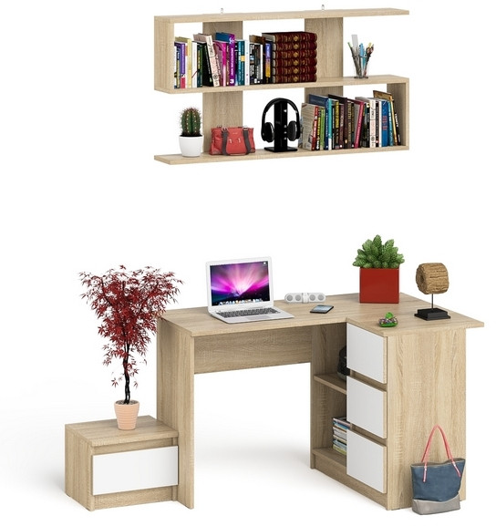 Мори компьютерный стол МС-16 правый + Тумба ТМП400.1 + Полка 1200, дуб сонома/белый