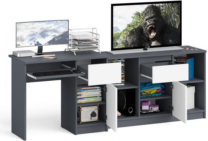 Мори Стол компьютерный МС-1 правый + Тумба МТВ1204.1, цвет графит/белый, ШхГхВ 210,4х50х76,6 см., выдвижной ящик справа, НЕ универсальная сборка
