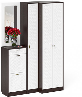 Прихожая П-6 Компоновка № 29, цвет венге/фасады МДФ белое дерево фрезеровка ромб, ШхГхВ 140х50х210 см., универсальная сборка