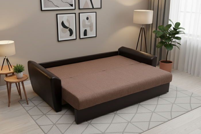 Диван-книжка Амстердам, 140х190, рогожка/экокожа, коричневый