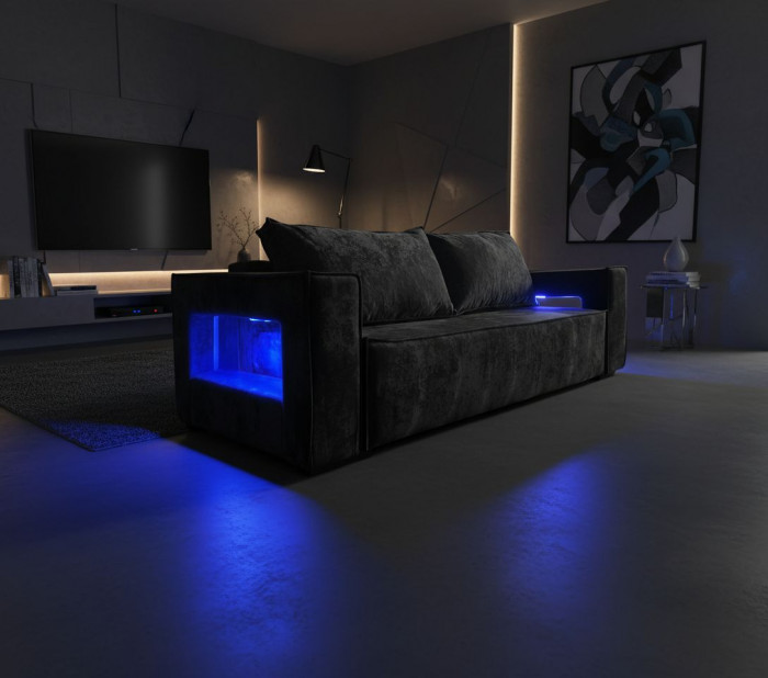 Диван-кровать Лофт Люкс Плюш с подсветкой, еврокнижка, пружинный блок, 140х195, черный