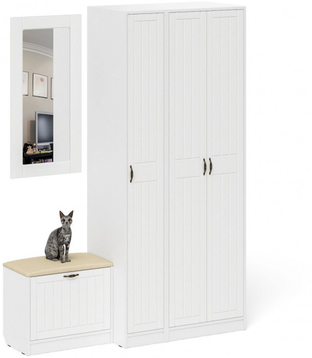 Прихожая П-6 Компоновка № 46, цвет белая шагрень/фасады МДФ белое дерево фрезеровка прованс, ШхГхВ 150х50х210 см., универсальная сборка