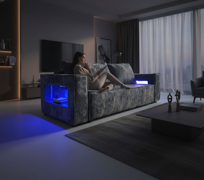 Диван-кровать Лофт Люкс Плюш с подсветкой, еврокнижка, независимый пружинный блок, 140х195, серый