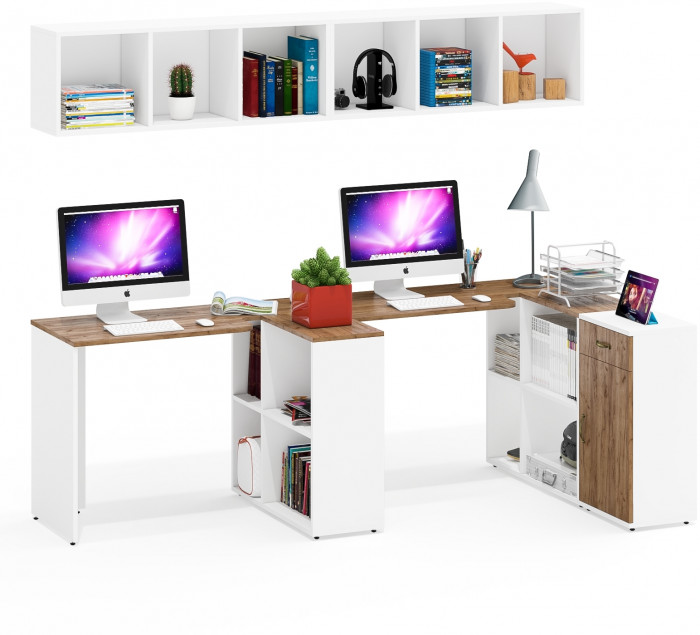 Лидер-8 Стол + Полка + Стол + Полка + Тумба МД 3.15, белый шагрень/крафт золото