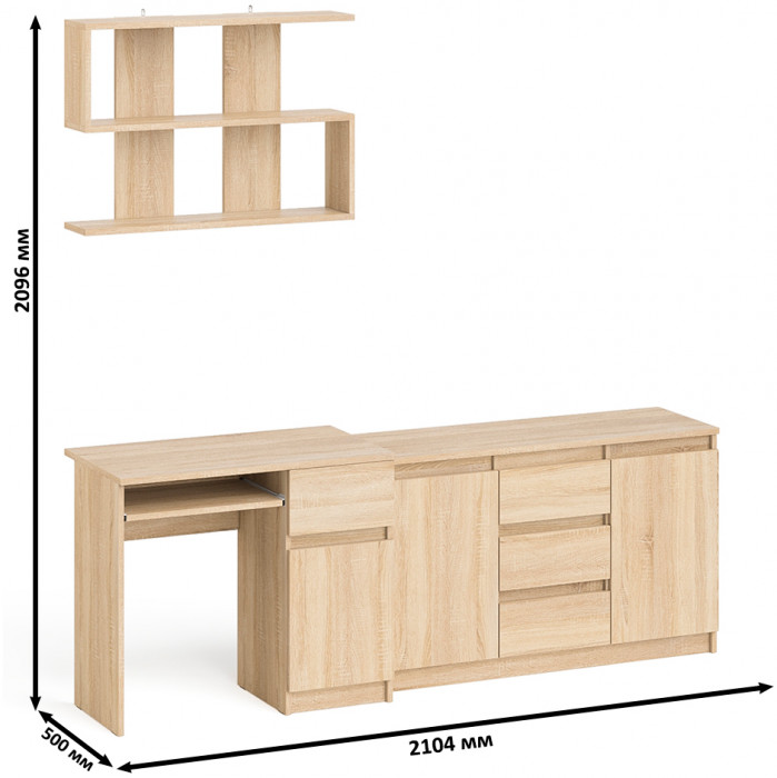 Мори компьютерный стол МС-1 правый + Комод МК1200.3 + Полка 900, дуб сонома