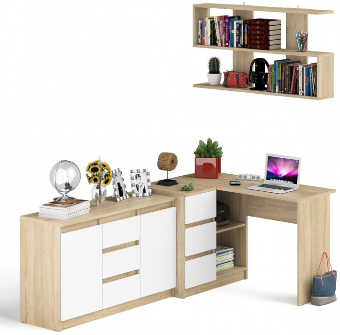 Мори компьютерный стол МС-16 левый + Комод МК1200.3 + Полка 1200, дуб сонома/белый