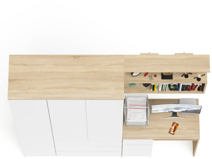 Мори Стол компьютерный МС-1 левый + Шкаф МШ1200.1 + Полка 900, цвет дуб сонома/белый, ШхГхВ 210,4х50,4х209,6 см., НЕ универсальная сборка