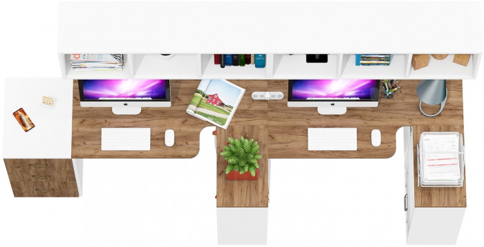 Лидер-8 Стол + Полка + Стол + Полка + Тумба МД 3.16, белый шагрень/крафт золото