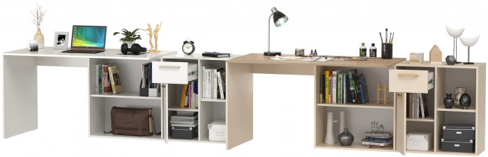 Два Стола письменных Лайт 03.245F, цвет белый шагрень/сатин/дуб эндгрейн элегантный, ШхГхВ 342,7х136х75,2 см.(угл.) или 407х68х75,2 см.(пр.), ун. сб.