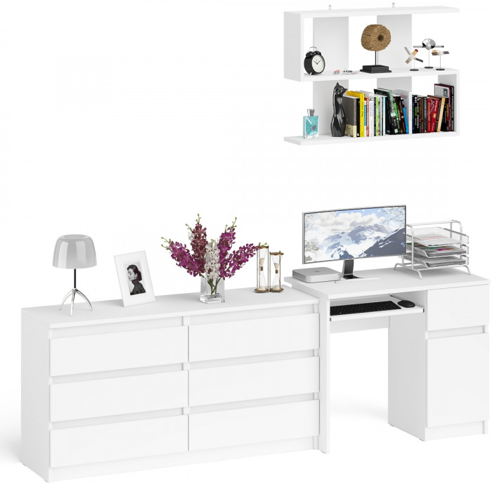 Мори Стол компьютерный МС-1 правый + Комод МК1380.6 + Полка 900, цвет белый, ШхГхВ 228х50х209,6 см., НЕ универсальная сборка