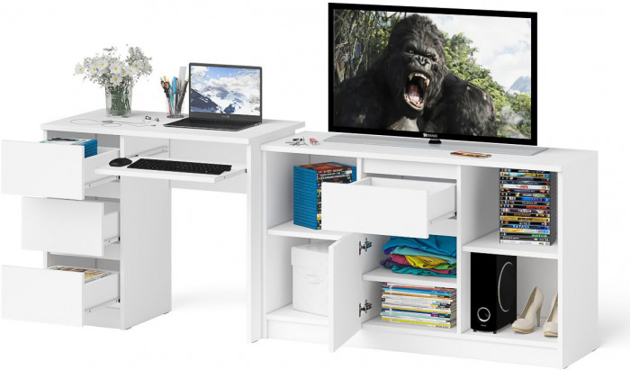 Мори Стол компьютерный МС-6 левый + Тумба МТВ1204.1, цвет белый, ШхГхВ 210,4х50х76,6 см., выдвижные ящики слева, НЕ универсальная сборка