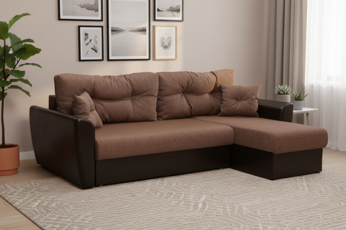 Диван-еврокнижка угловой Амстердам, 150х200, рогожка/экокожа коричневый