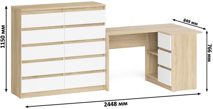 Мори компьютерный стол МС-16 правый + Комод МК1200.10, дуб сонома/белый
