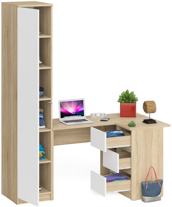 Мори компьютерный стол МС-16 правый + Пенал МШ400.1, дуб сонома/белый