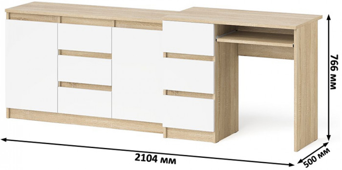 Мори компьютерный стол МС-6 левый + Комод МК1200.3, дуб сонома/белый