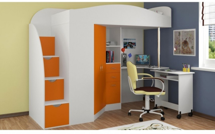 Детская кровать-чердак Теремок-1 Гранд,  Белый / Оранжевый