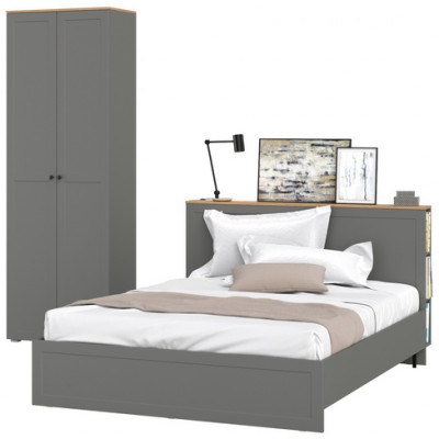 Остин 11.53 Кровать + ортопед + 16.307 Шкаф, серый графит/дуб крафт золотой