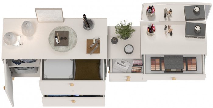 Афина Спальня Трюмо + Комод с дверкой и тремя ящиками, цвет кашемир серый, ШхГхВ 105х38,6х129 + 110х45,3х83 см., универсальная сборка