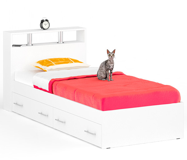 Камелия Кровать с ящиками 0900, цвет белый, ШхГхВ 93,5х217х78,2 см., сп.м. 900х2000 мм., без матраса, основание есть