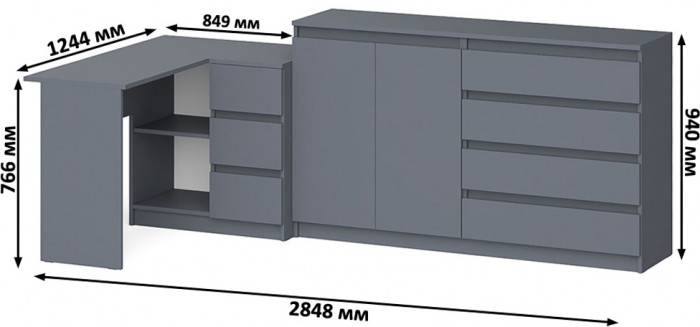 Мори Стол компьютерный МС-16 правый + Комод МК1600.1, цвет графит, ШхГхВ 284,8х84,9х94 см., выдвижные ящики справа, НЕ универсальная сборка