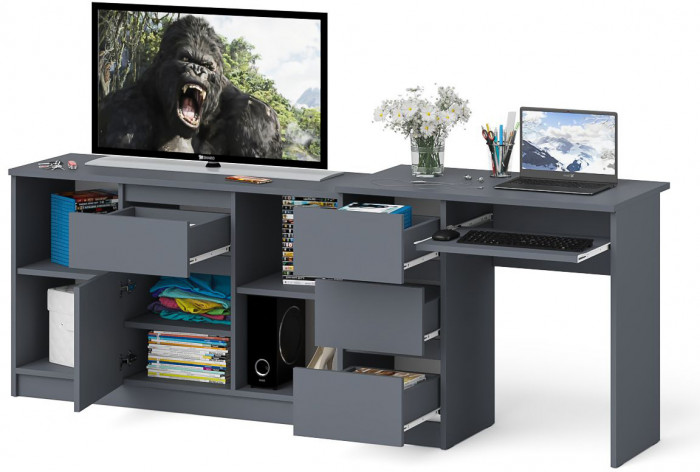 Мори Стол компьютерный МС-6 левый + Тумба МТВ1204.1, цвет графит, ШхГхВ 210,4х50х76,6 см., выдвижные ящики слева, НЕ универсальная сборка