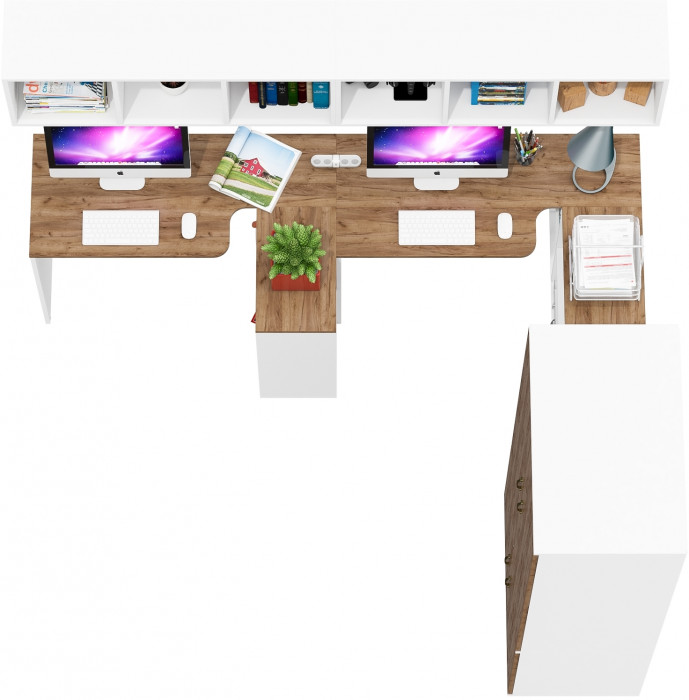 Лидер-8 Стол + Полка + Стол + Полка + Шкаф МД 19Б + Тумба МД 3.15, белый шагрень/крафт золото