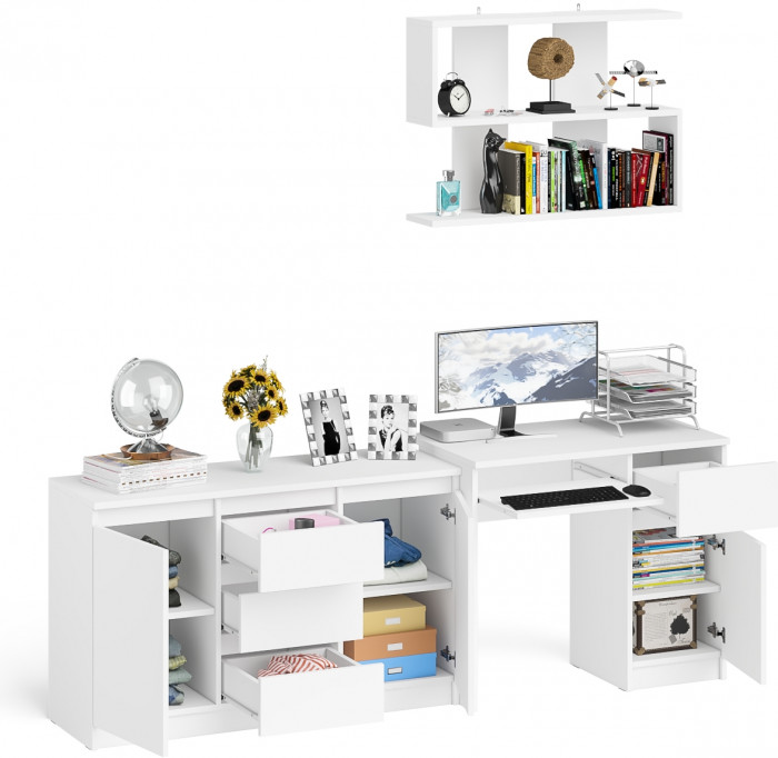 Мори компьютерный стол МС-1 правый + Комод МК1200.3 + Полка 900, белый