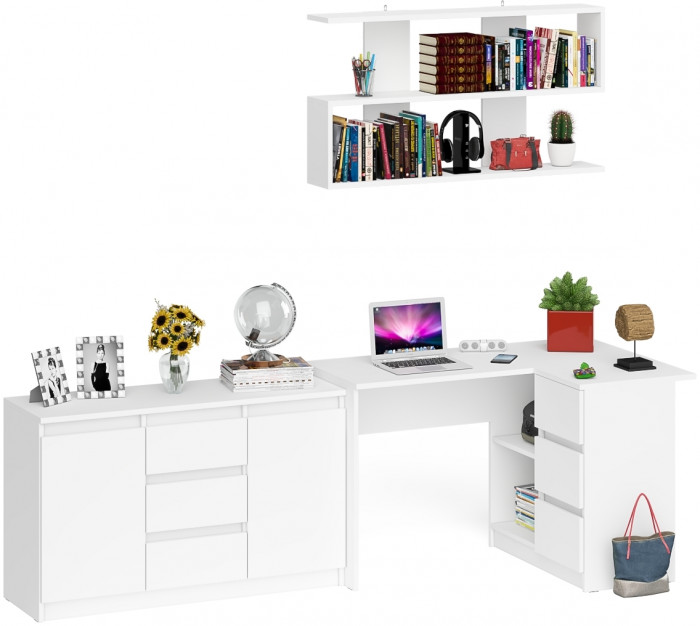 Мори компьютерный стол МС-16 правый + Комод МК1200.3 + Полка 1200, белый
