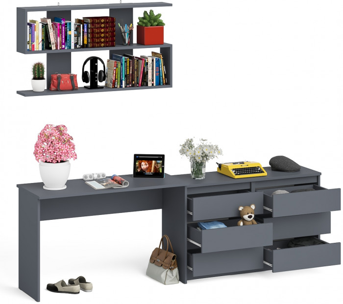 Мори письменный стол МСП1200.1 + Комод МК1200.6 + Полка 1200, графит