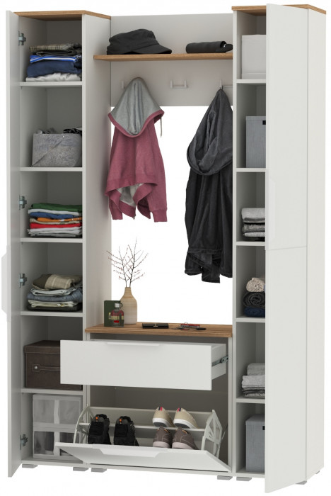 Октава Прихожая 18, цвет белый шагрень/дуб крафт золотой/фасады МДФ белый шагрень, ШхГхВ 129,3х35,4х197,6 см., универсальная сборка