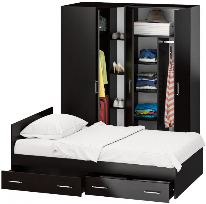 Спальня Стандарт 2-1200Я, цвет венге, ШхГхВ 123,5х203,5х70 + 171,2х81,2х200 см., сп.м. 1200х2000 мм., без матраса, основание есть