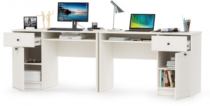 КР100 Роуз 12.148 Стол письменный + 12.148 Стол письменный, цвет ЛДСП белый(тиснение Поры дерева)/МДФ ясень ваниль, ШхГхВ 238х51,7х76,3 см., ун. сб.