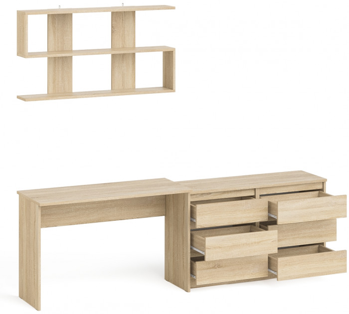 Мори письменный стол МСП1200.1 + Комод МК1200.6 + Полка 1200, дуб сонома