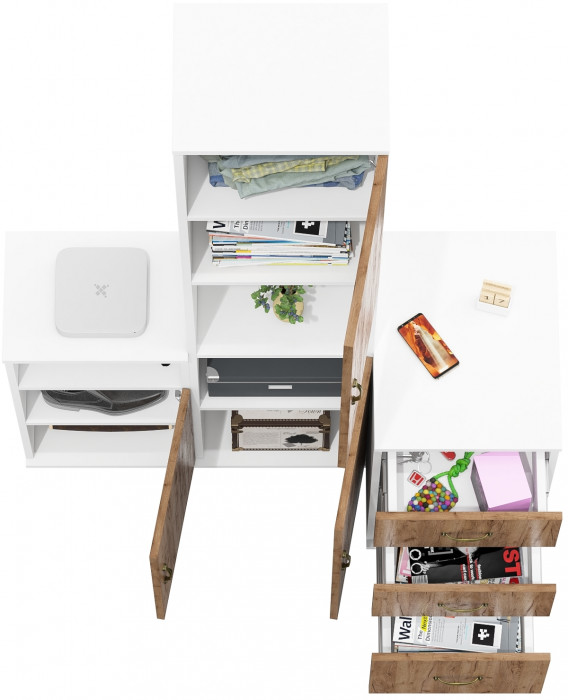 Лидер-8 Пенал + Тумба МД 3.16 + Тумба МД 3.19, белый шагрень/крафт золото