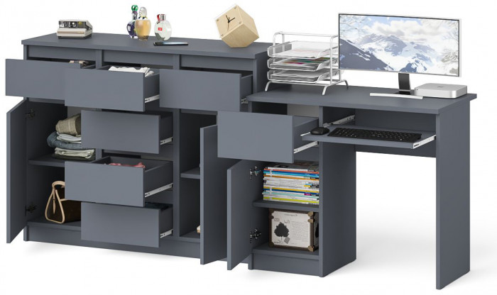 Мори компьютерный стол МС-1 левый + Комод МК1200.4, графит