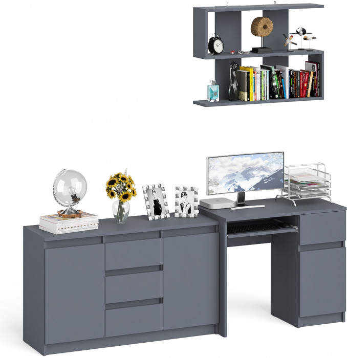 Мори компьютерный стол МС-1 правый + Комод МК1200.3 + Полка 900, графит