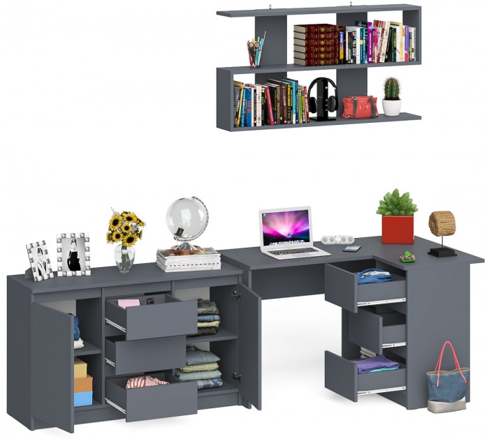 Мори компьютерный стол МС-16 правый + Комод МК1200.3 + Полка 1200, графит
