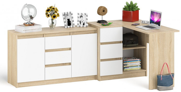 Мори компьютерный стол МС-16 левый + Комод МК1200.3, дуб сонома/белый